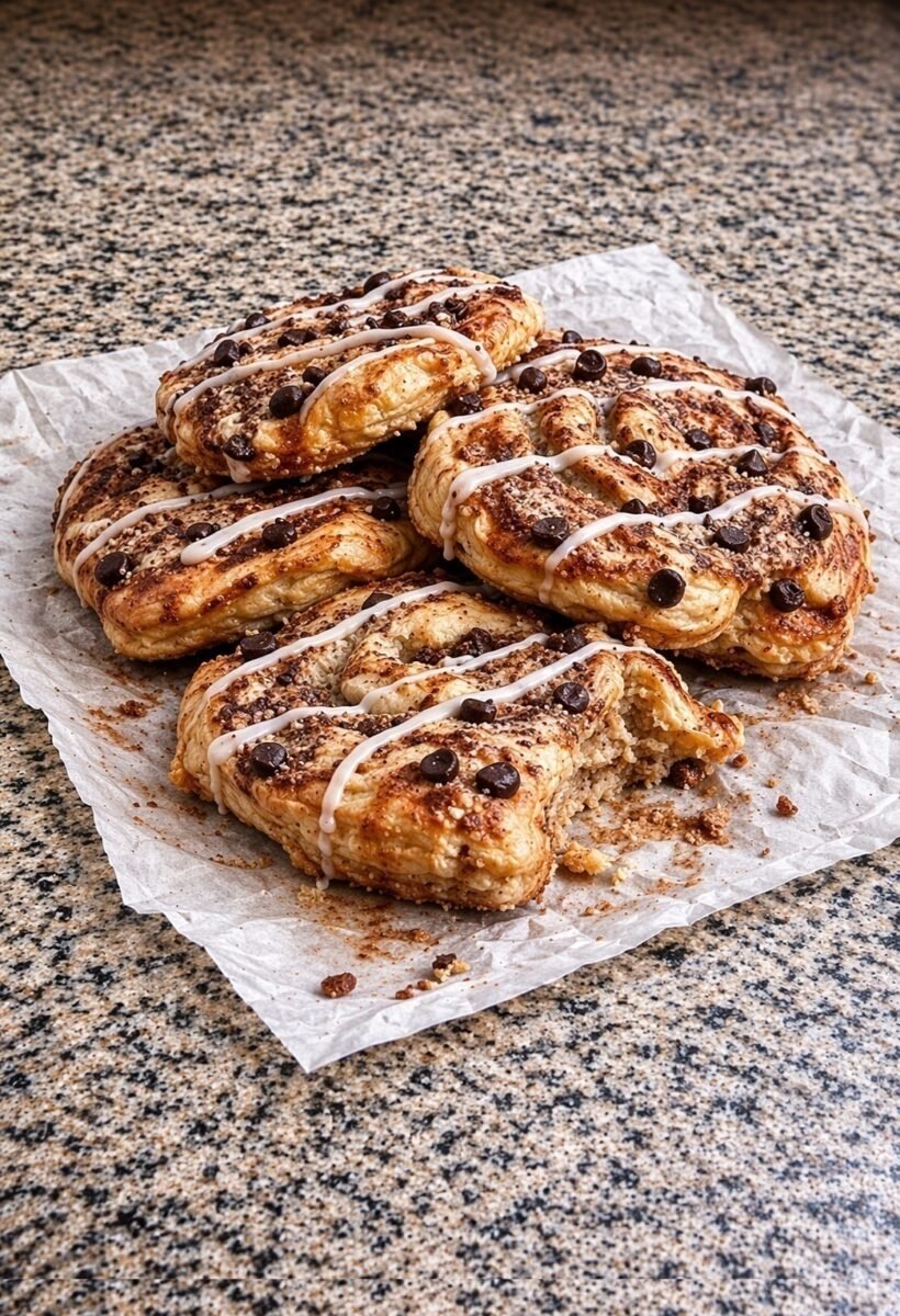 Sugar-free cinnamon danishes with icing drizzle and chocolate chips on parchment paper