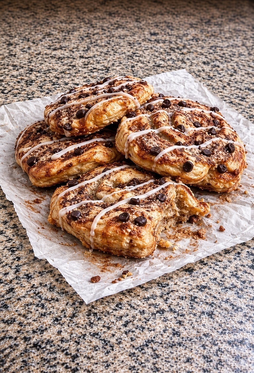 Sugar-free cinnamon danishes with icing drizzle and chocolate chips on parchment paper